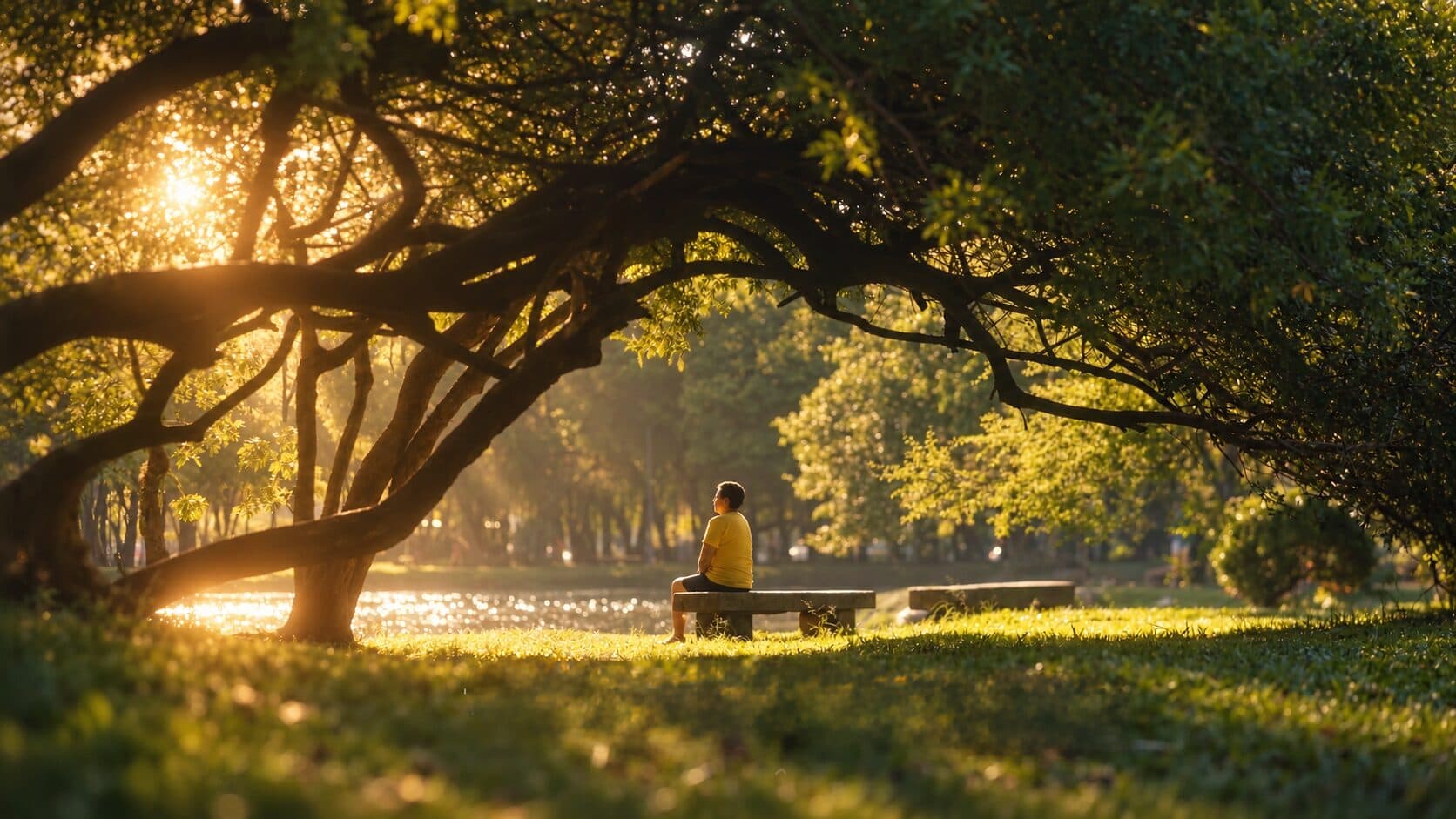 Pessoa sentada num banco de parque, sob árvores, no fim de tarde