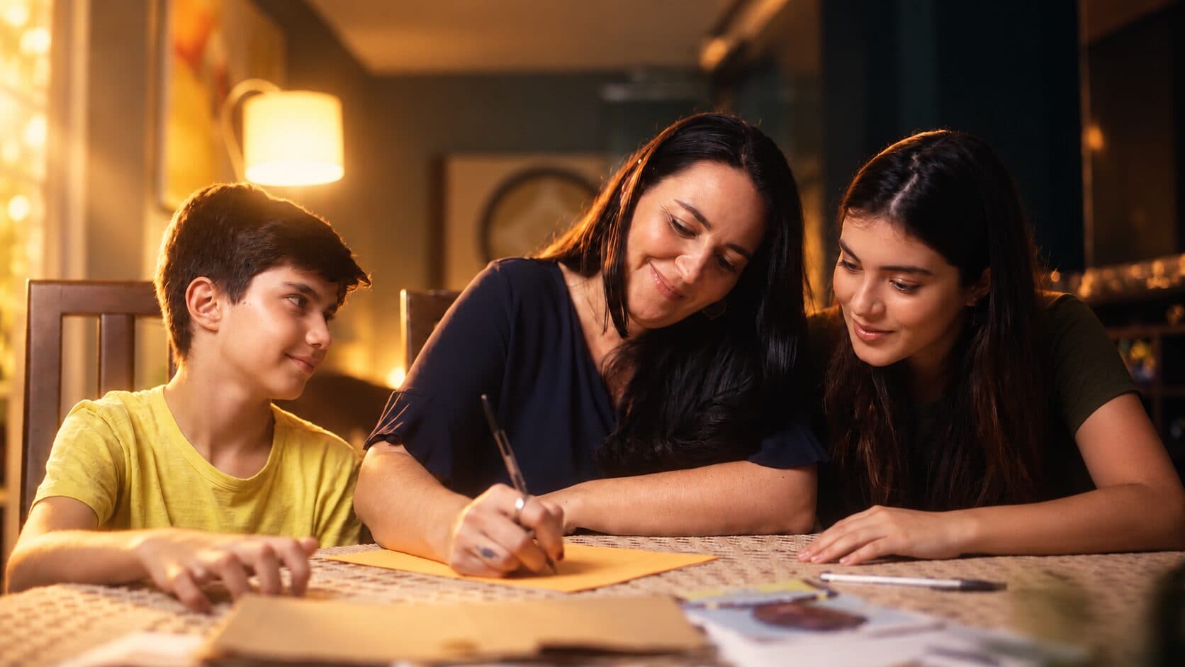 A mother writing a letter at a table with her two children