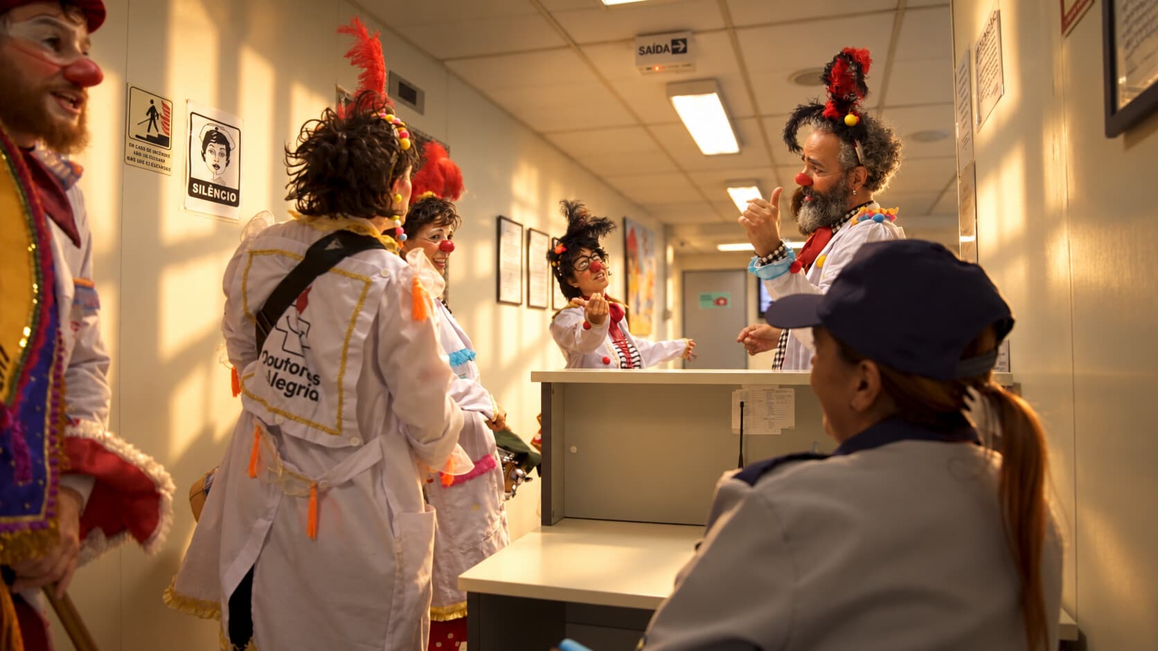 Hospital clowns in a corridor, during the filming of Visa Causas